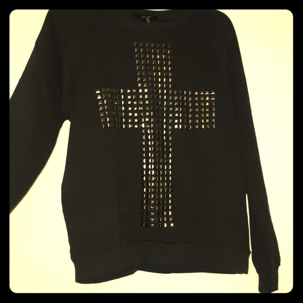 Black crew neck sweater with studded cross